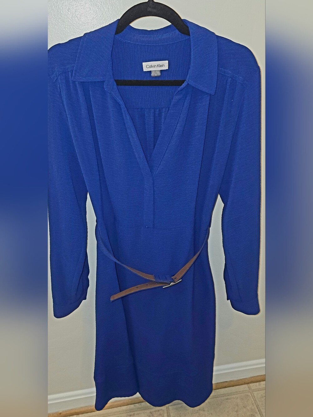 Calvin Klein Royal Blue Long-Sleeve Collared Dress with Matching Belt SIZE 10